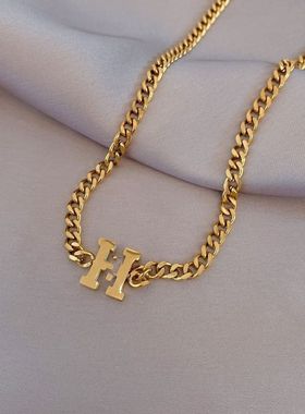 钛钢项链女 小众设计感H字母镀18K金颈链INS网红时尚锁骨链饰品