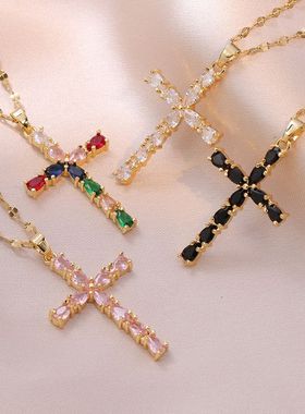 项链女网红彩色锆石几何小众时尚新款设计感吊坠气质套装钛钢项链