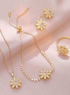 项链女 日韩风跨境花朵旋转锆石项链小众ins耳环套装钛钢锁骨链