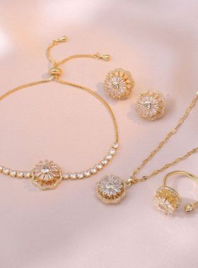 项链女 日韩风跨境同款花朵微镶锆石旋转三件套套装时尚钛钢项链