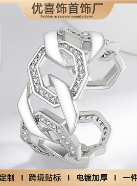 欧美跨境镀白k璀璨超闪方块连锁镂空经典感女式镶指