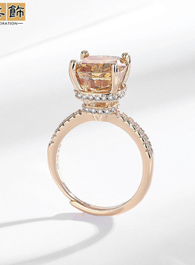 2025蛇年热销大方糖活口冰花切戒指轻奢香槟金色微镶锆石送女