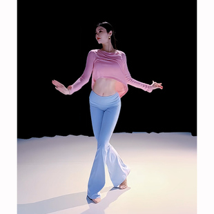 面料专业形体练功服蓝色瑜伽长裤女高腰微喇裤莱卡