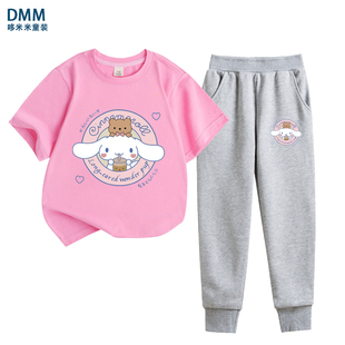 玉桂狗女童短袖t恤夏季新款宽松韩范洋气儿童套装上衣童装长裤潮