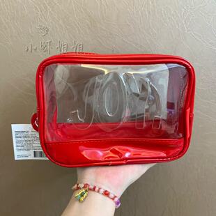 透明PVC拼接红色漆皮亮面洗漱包防水便携化妆包户外收纳包