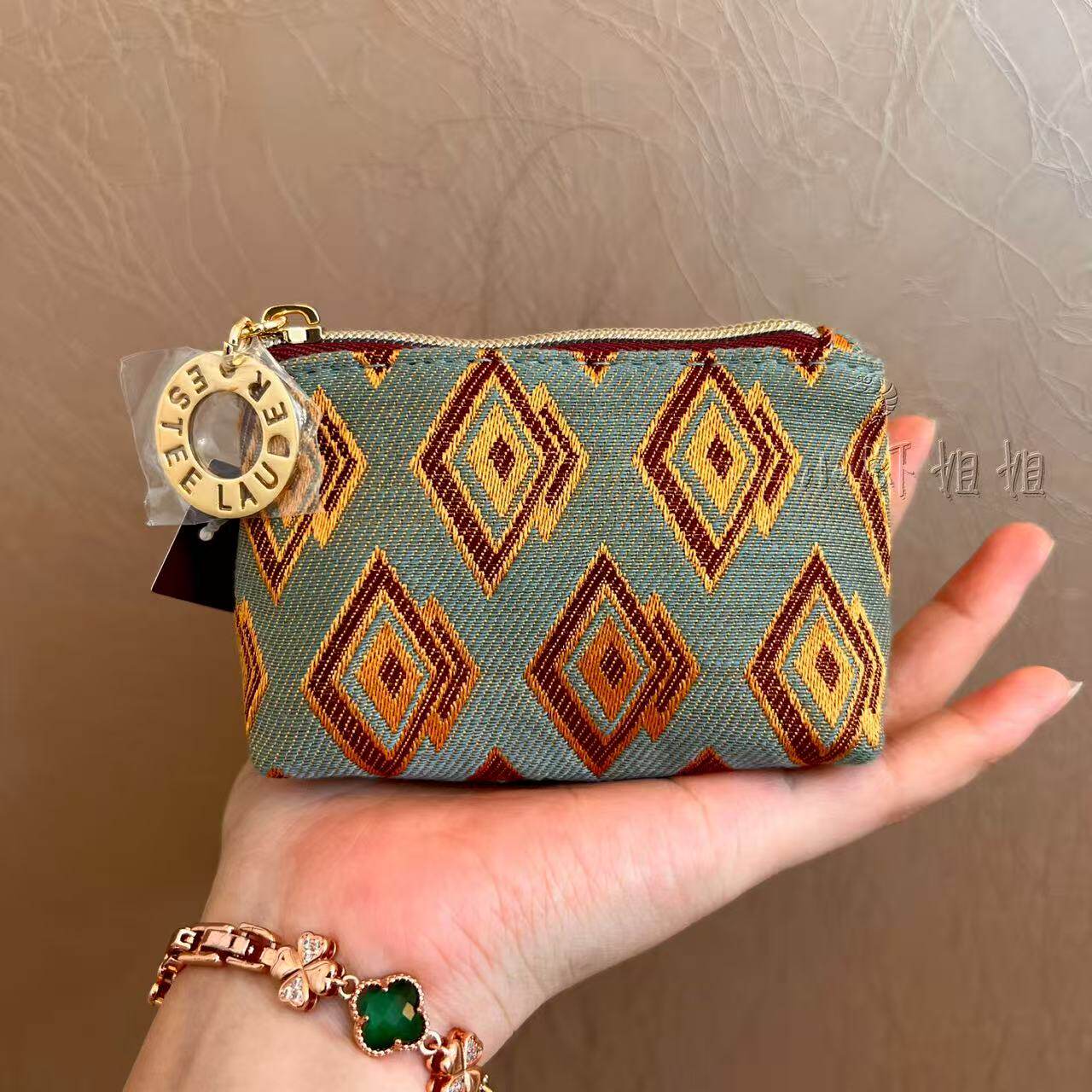 雅诗兰黛蓝色复古风刺绣化妆包迷你小巧柔软手拿零钱耳机收纳包