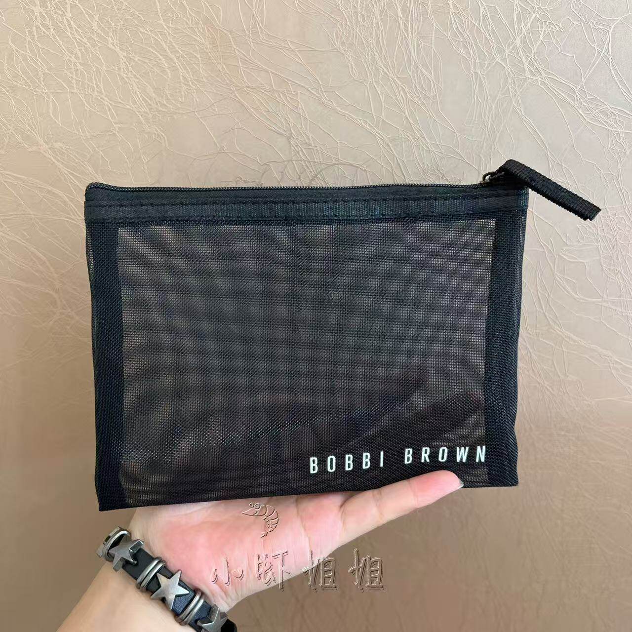 芭比波朗黑色拉链网纱袋 通勤旅行便携笔袋洗漱包 手拿收纳化妆包