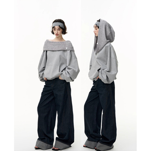 白色玫瑰 博尔赫斯慵懒风斜肩一字领宽松套头连帽卫衣露肩上衣女