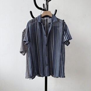 日本原单2026夏男士条纹编织短袖上衣外贸原单清凉沙滩休闲衬衫