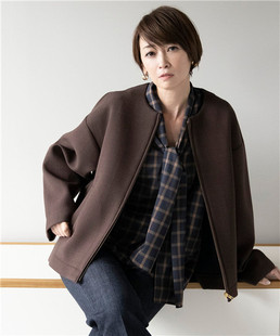 日本高端一线2024秋女式圆领粗呢花上衣外套外贸原单宽松拉链夹克