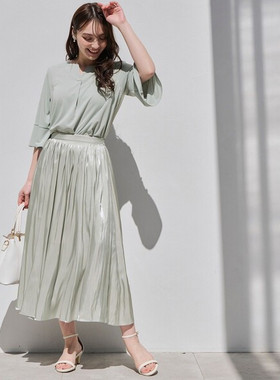 日本原单春夏女式松紧腰光泽感A字裙高端外贸重磅玻璃丝百褶裙
