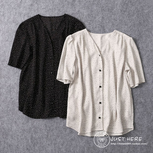 雪纺衫 上衣出口外贸皱褶短袖 女V领复古波点衬衫 日本原单夏新品