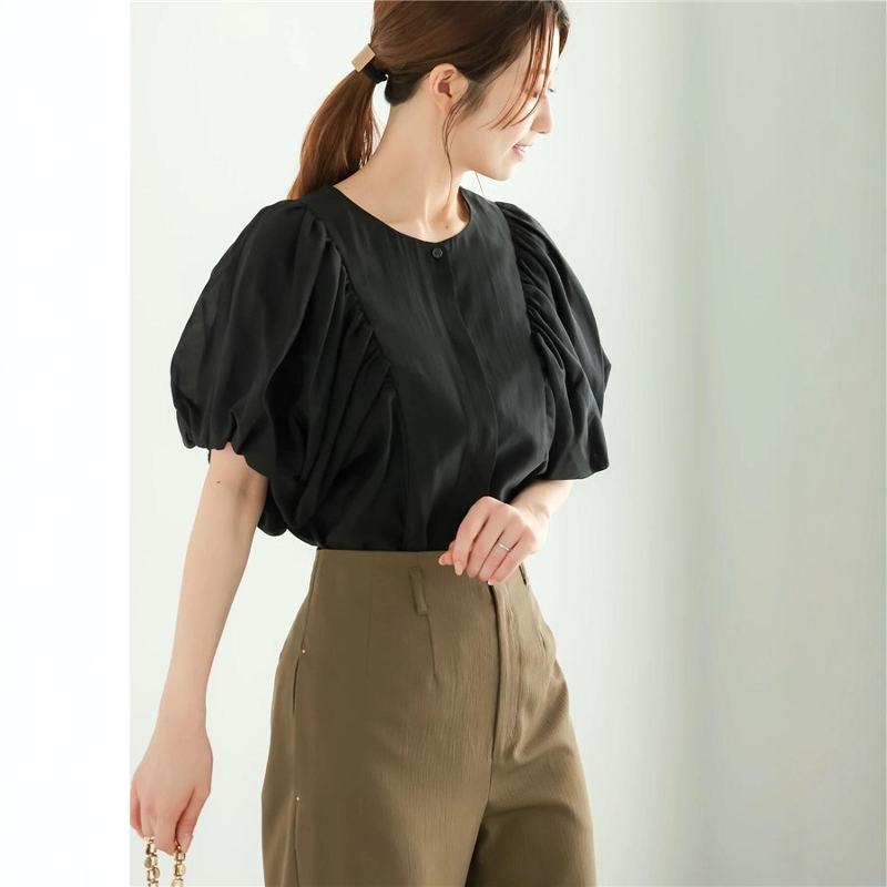 日本原单女士圆领皱褶灯笼袖泡泡袖衬衫日系外贸套头衫短袖蝙蝠衫