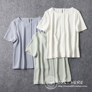 雪纺衫 出口外贸优雅皱褶短袖 日本原单2023夏女士圆领百搭通勤衬衫