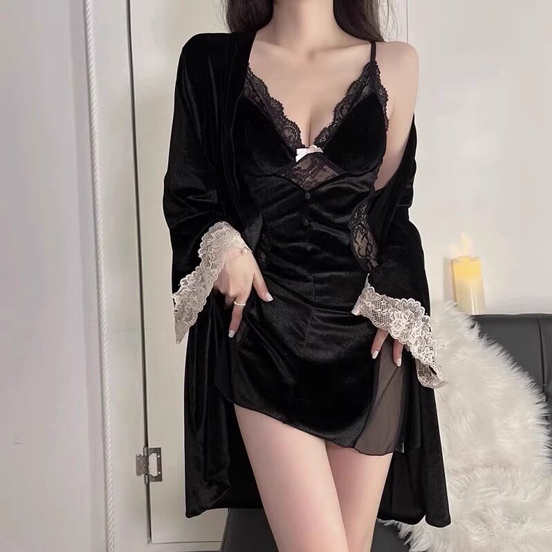 金丝绒睡衣女秋冬蕾丝吊带睡袍两件套性感纯欲情调美背带胸垫睡裙