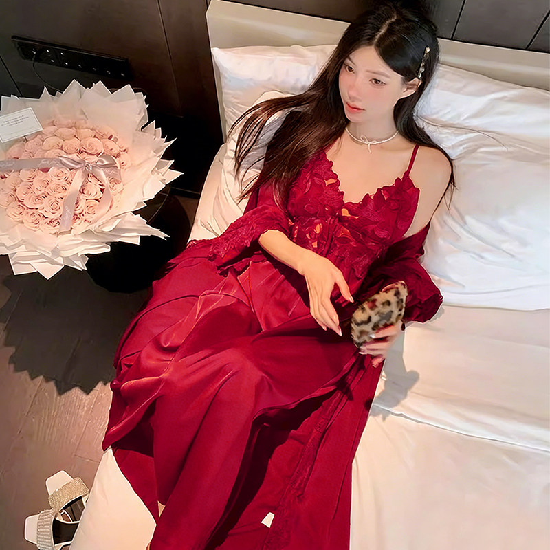 法式吊带睡衣女春秋冰丝长袖两件套性感蕾丝新娘深V睡裙晨袍浴袍