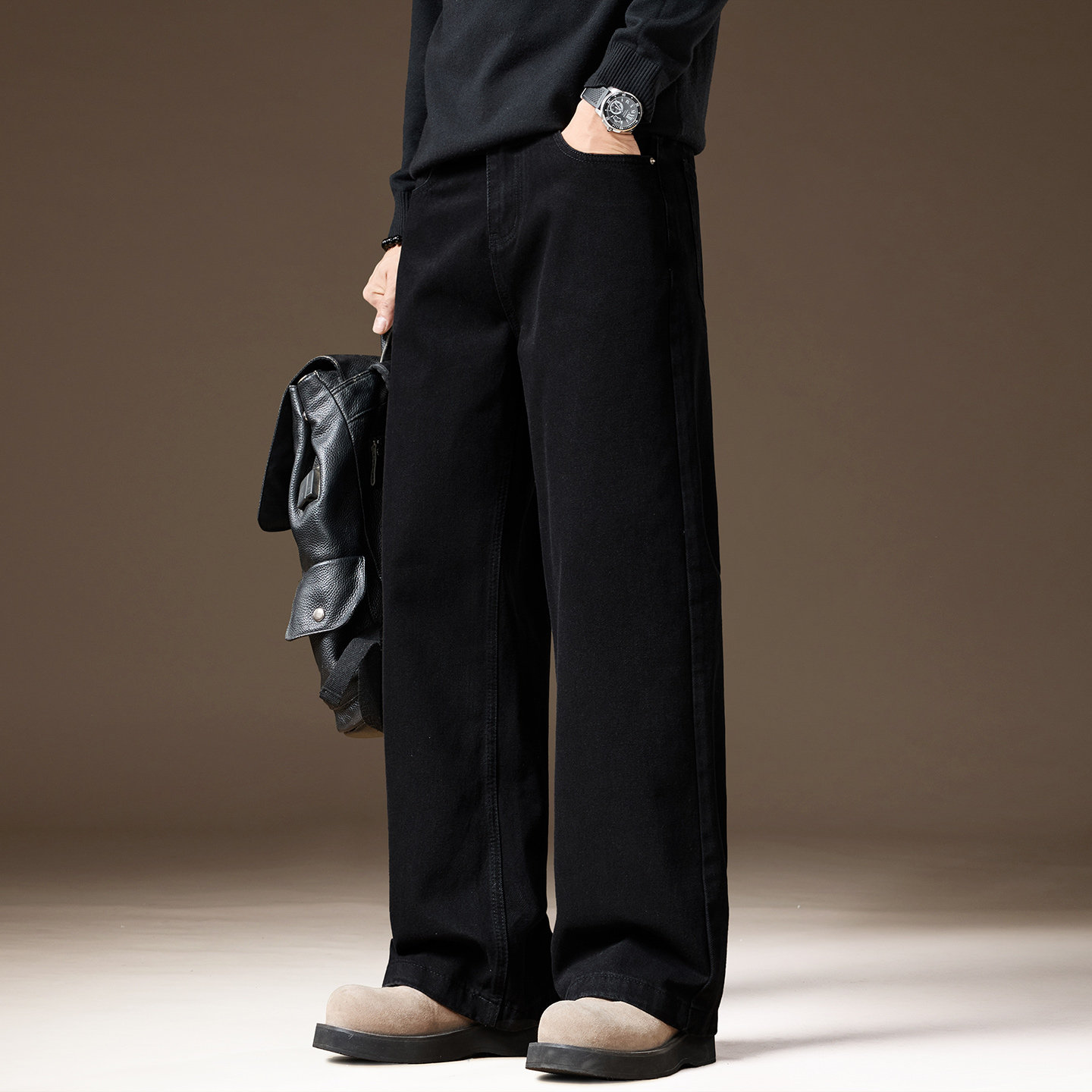 高端纯黑色男士牛仔裤宽松直筒阔腿2025冬季新款美式休闲长裤子男