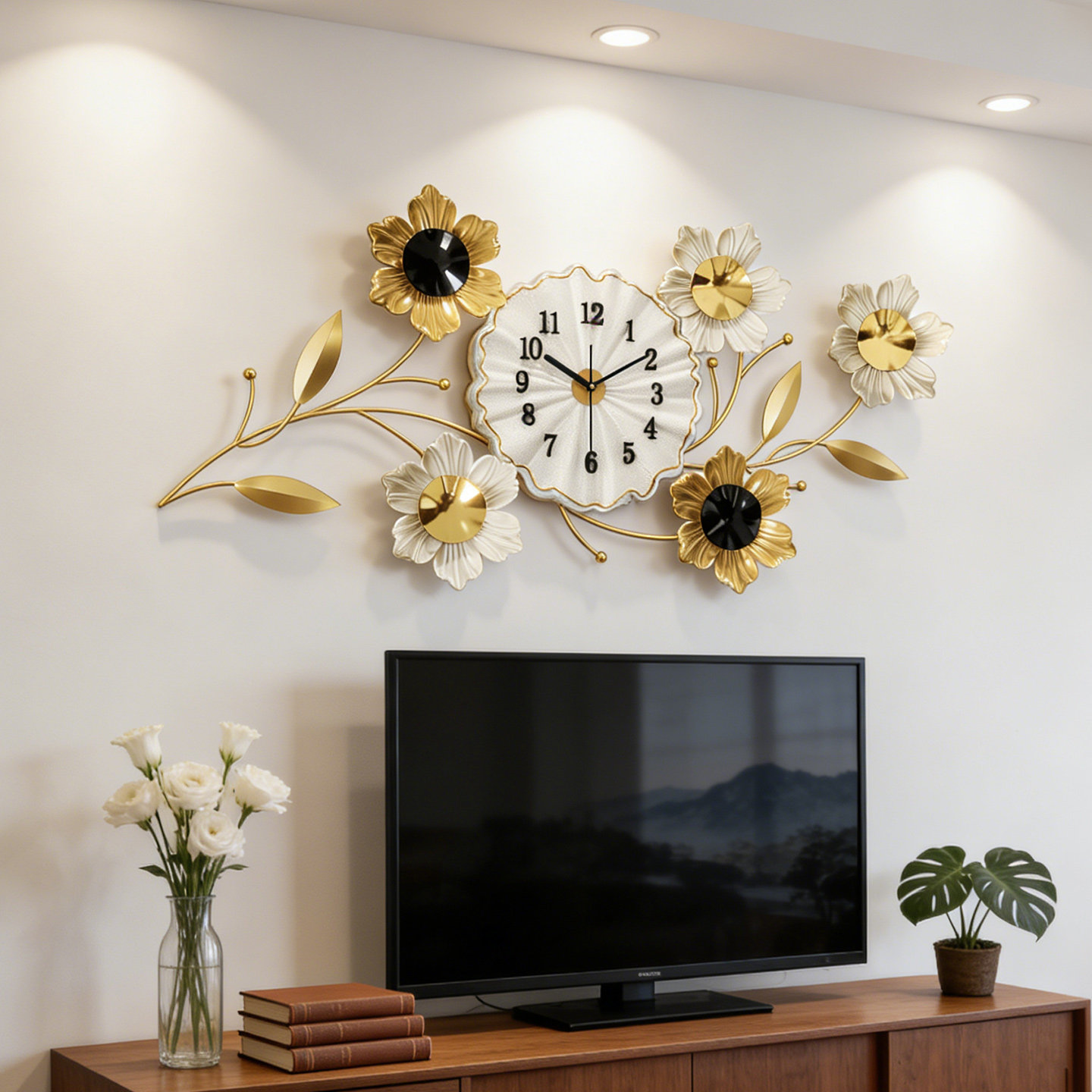 现代简约铁艺花朵客厅挂钟