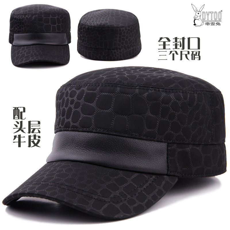 DYTOO鳄鱼纹配真皮平顶帽男士短檐鸭舌帽秋冬天户外防风保暖帽