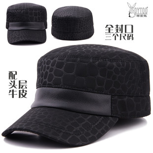 DYTOO鳄鱼纹配真皮平顶帽男士 短檐鸭舌帽秋冬天户外防风保暖帽