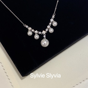 轻奢复古法式 细闪镶钻锁骨链 大小珍珠项链纯银高级感菱格气质夏季