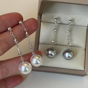 轻奢甜美仙女链人造绸缎澳白强光珍珠耳环s925银气质中长款 耳饰女