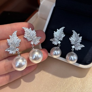 高级感精工闪钻天使羽翼人造冷光澳白珍珠耳环轻奢精致高档耳饰女