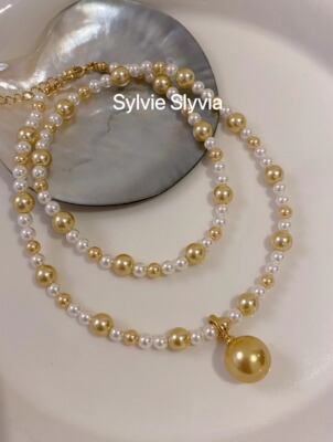 澳白金珠混色珍珠项链毛衣链纯银