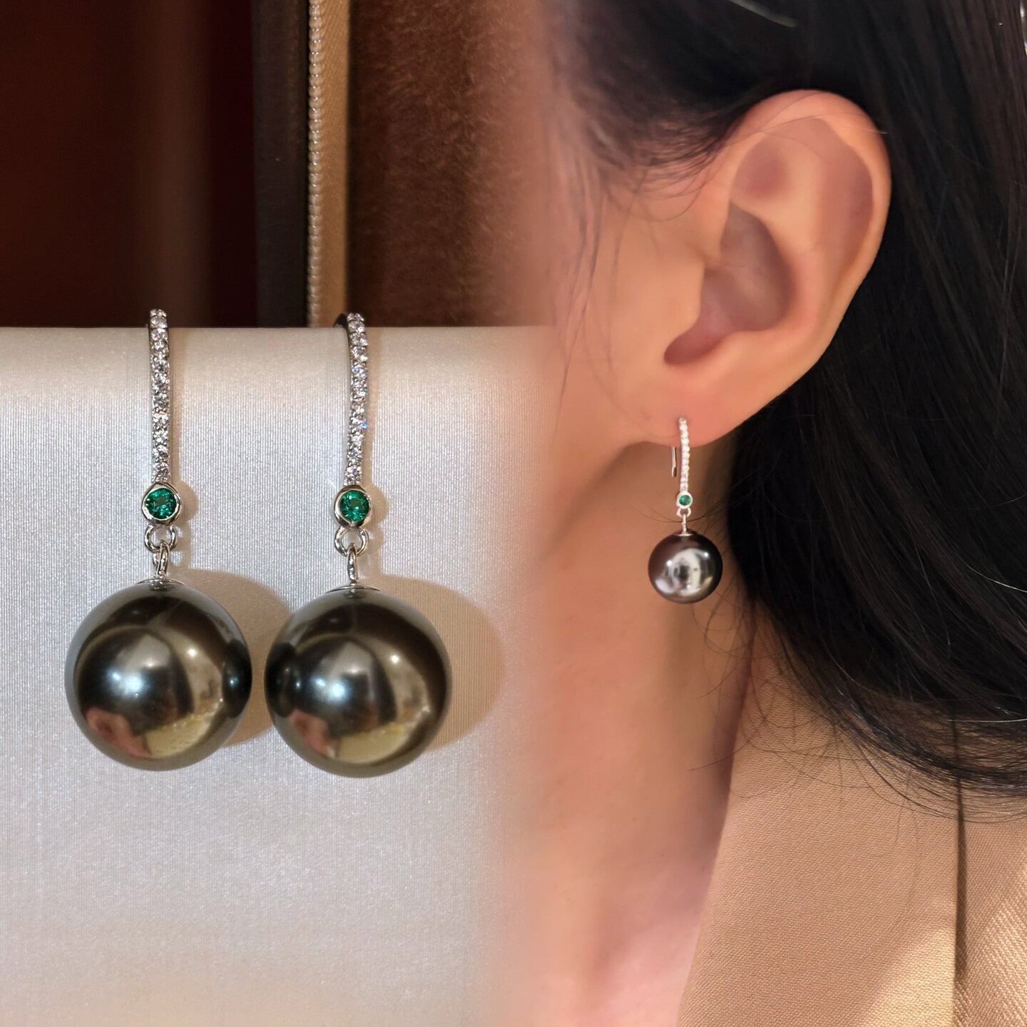 高品质人造大溪地黑珍珠祖母绿闪钻耳环通体纯银精致气质耳钩耳饰