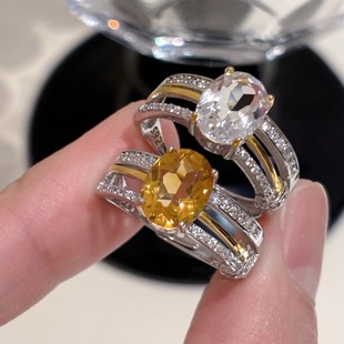 天然能量石招财黄水晶白水晶宽版 厚银戒指高级感小众开口食指环女