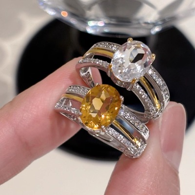 天然招财黄水晶水晶戒指s925银女