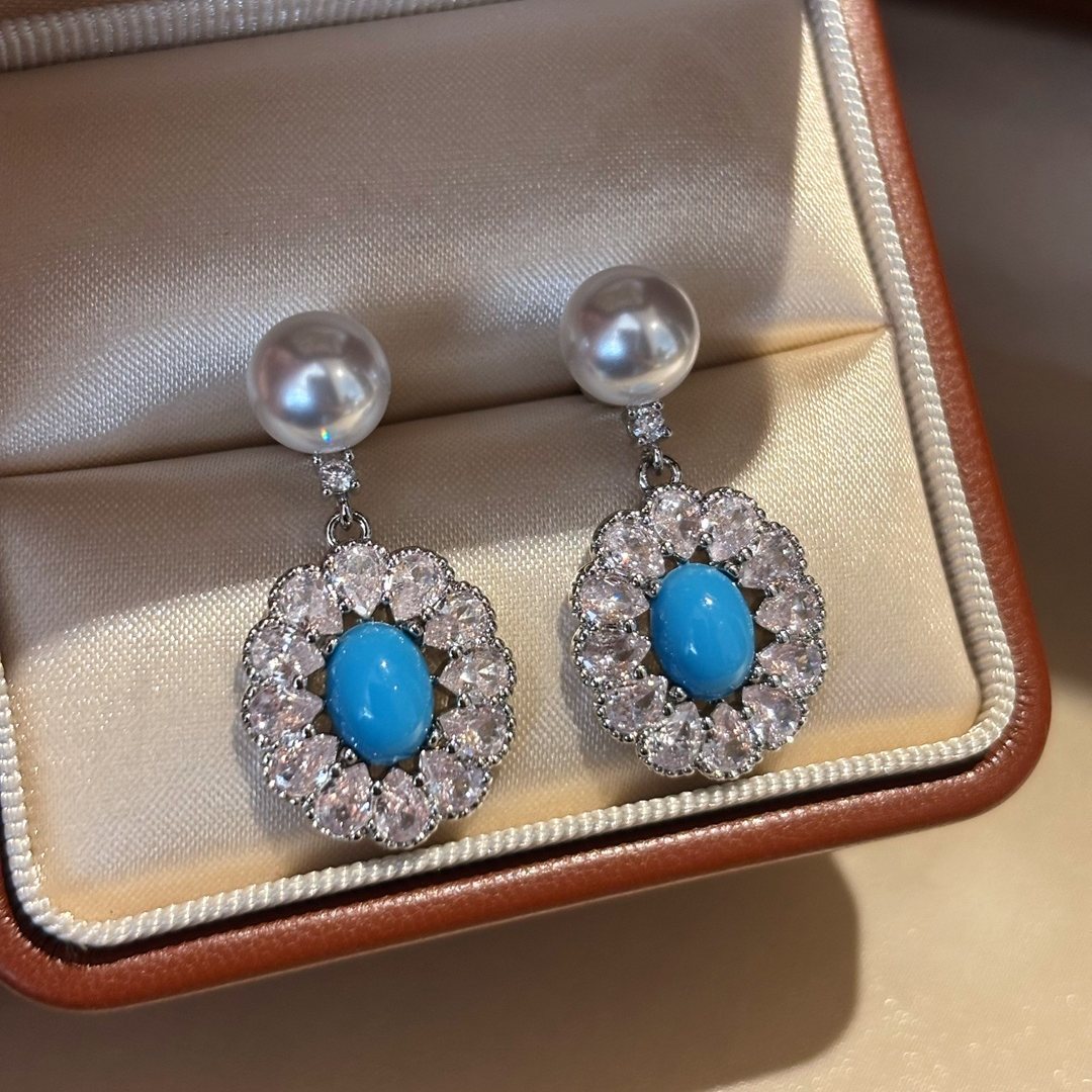 高级感绿松石澳白珍珠耳钉耳环女