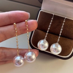 施家澳白曼塔玫瑰粉大珍珠长款 耳环仙女镭射珠精致气质耳线纯银女