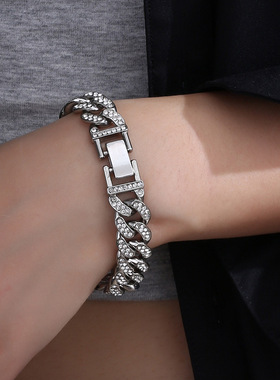 欧美简约时尚满钻古巴手链 ins风嘻哈潮个性男女批发钛钢手链