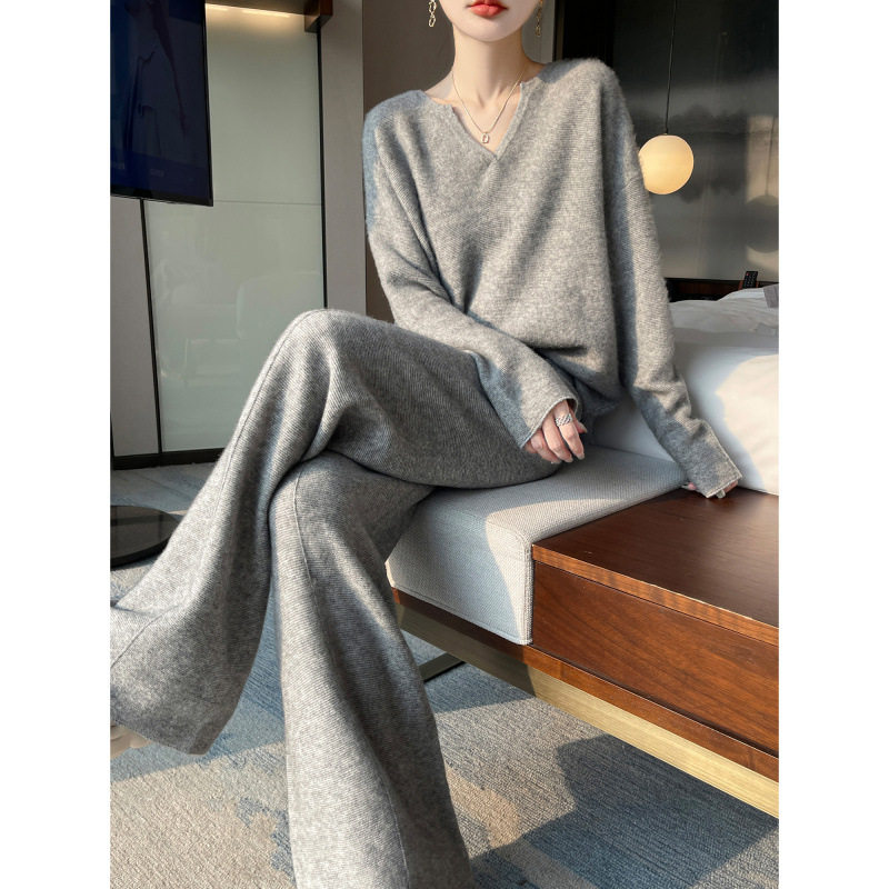 7700针织套装女高级感秋季新款时尚毛衣打底衫纯色长裤高端两件套