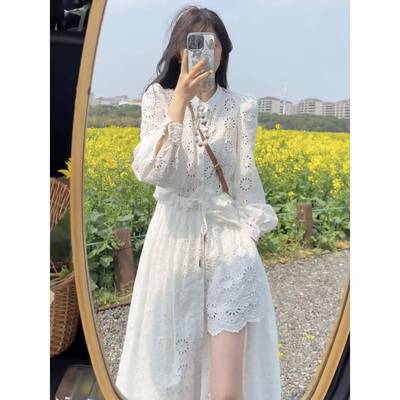 2025春季新款女设计感小众镂空白色蕾丝裙法式重工长袖连衣裙套装