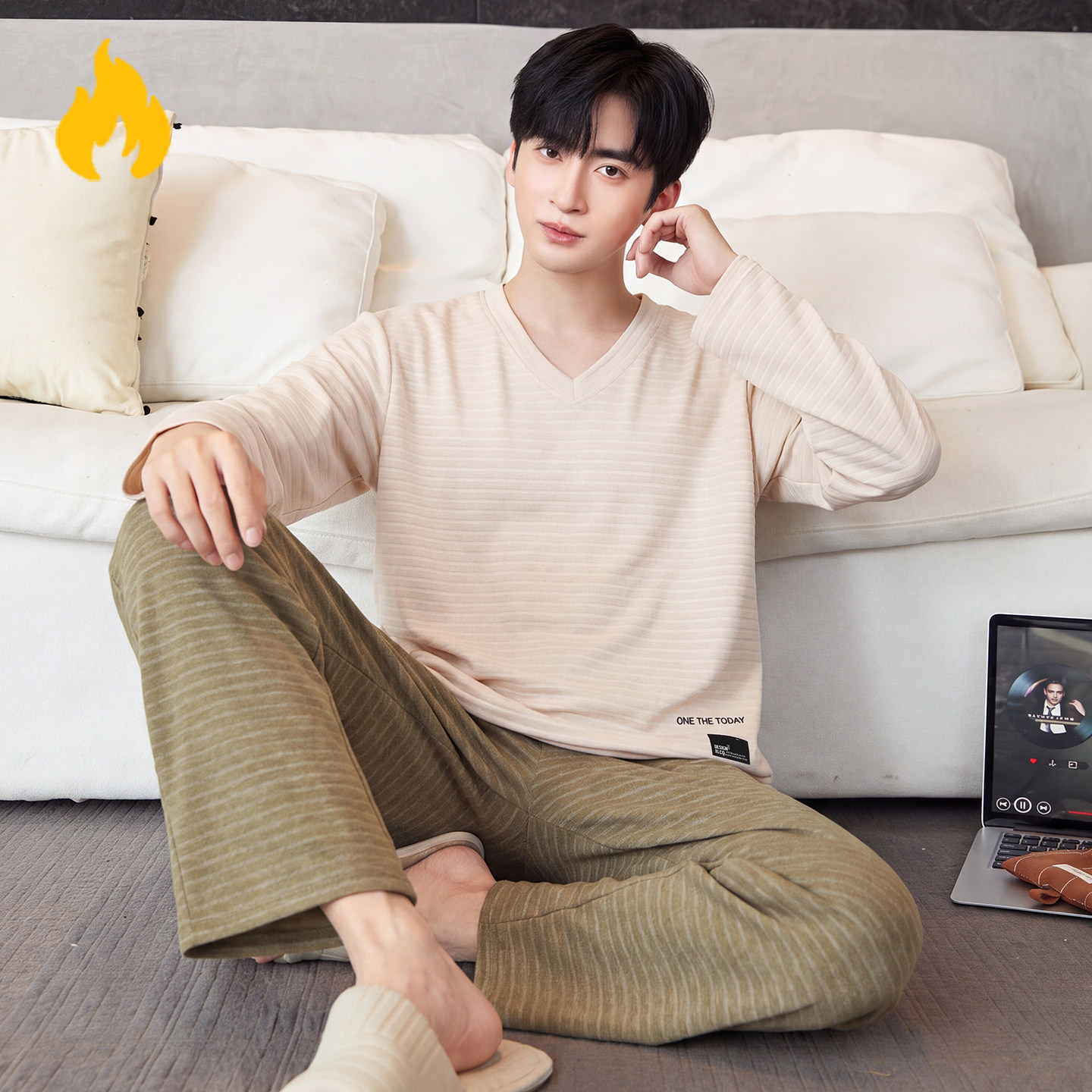 德绒家居服秋冬季男加厚款保暖V睡衣/家居服套装