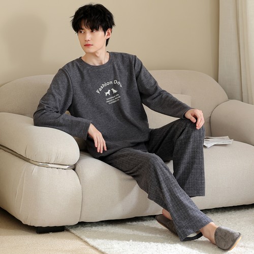 男士德绒家居服秋冬季加厚保暖圆领套头桑蚕丝羊毛绒弹力睡衣男生