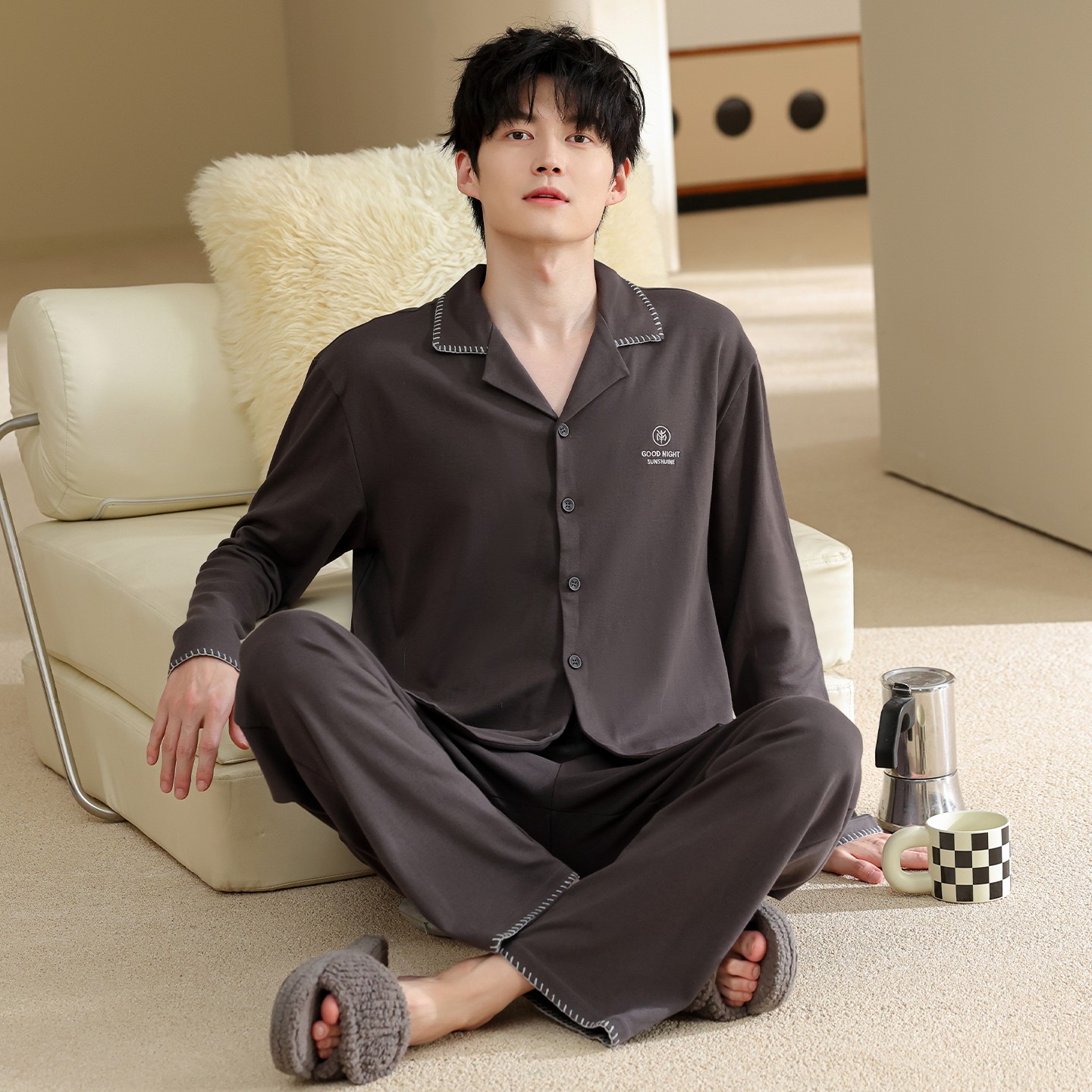 针织纯棉家居服男士春秋纯色开衫翻领简约宽松休闲透气睡衣100%棉
