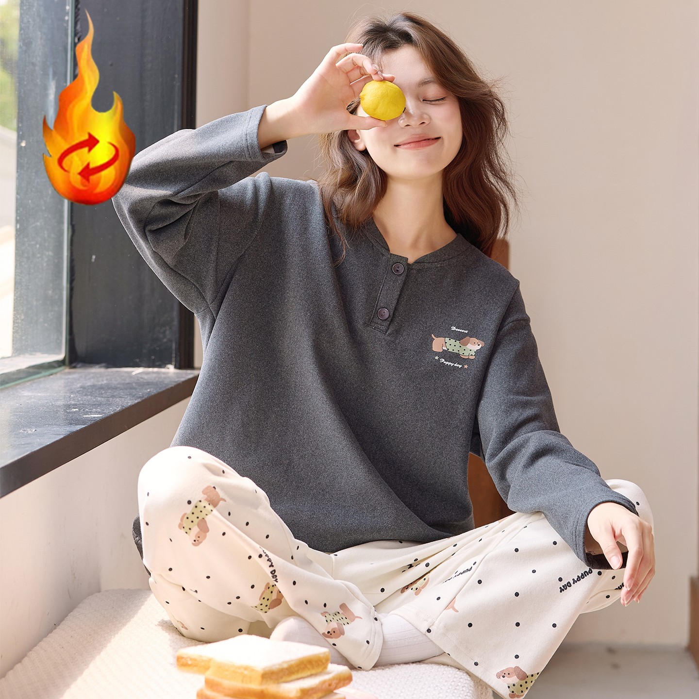 秋冬保暖睡衣女生羊毛德绒家居服女加厚双面薄绒短绒圆领套头卡通