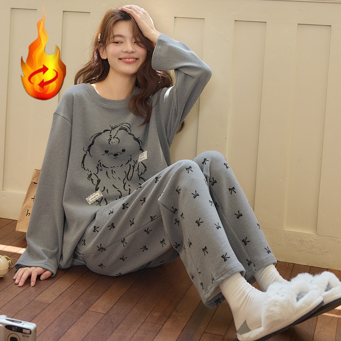 秋冬家居服女加厚双面薄绒短绒圆领卡通保暖睡衣女生蚕丝羊毛德绒
