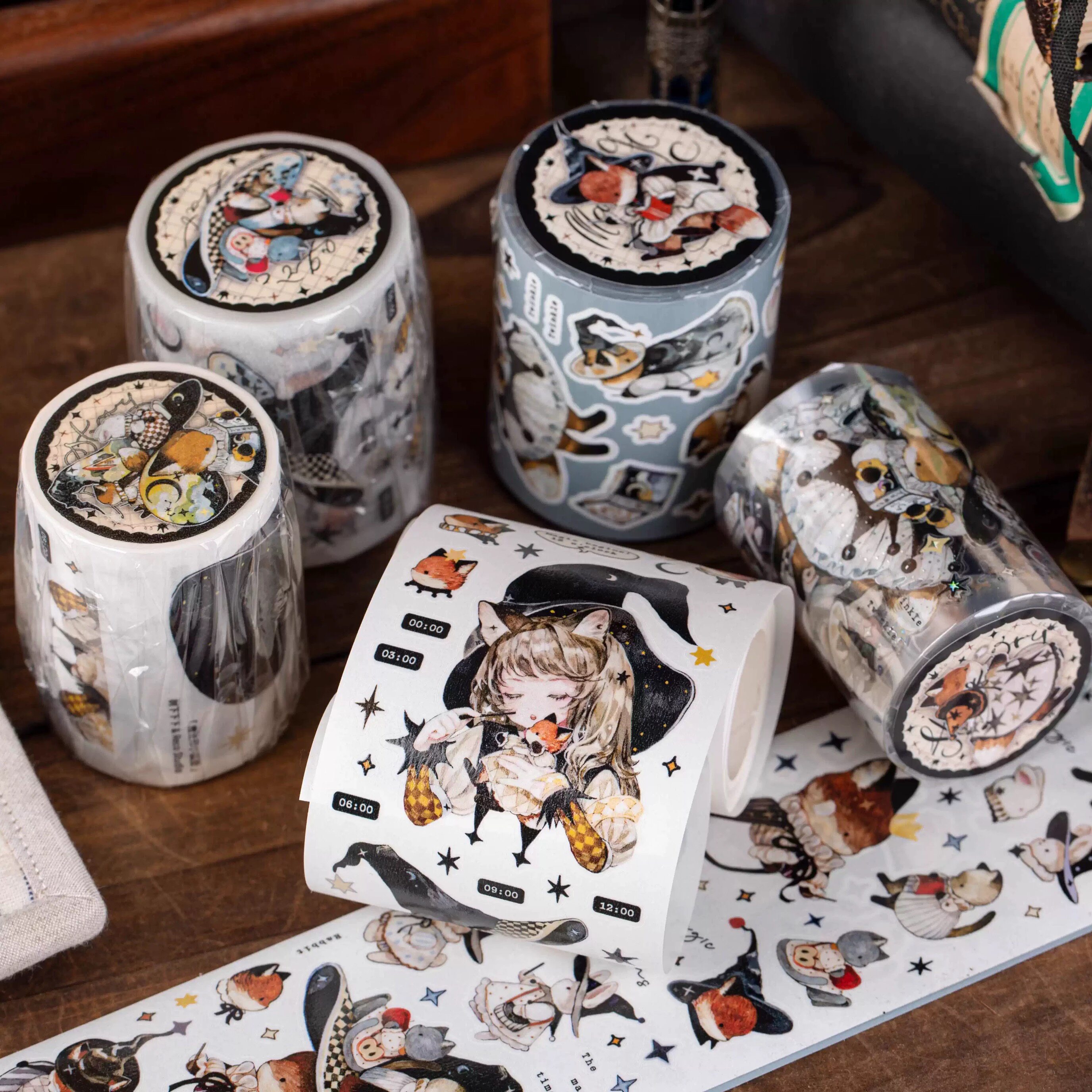 Reco分装模切贴纸卷魔法下狐狸树下下绘可爱魔法帽流麻咕卡手账