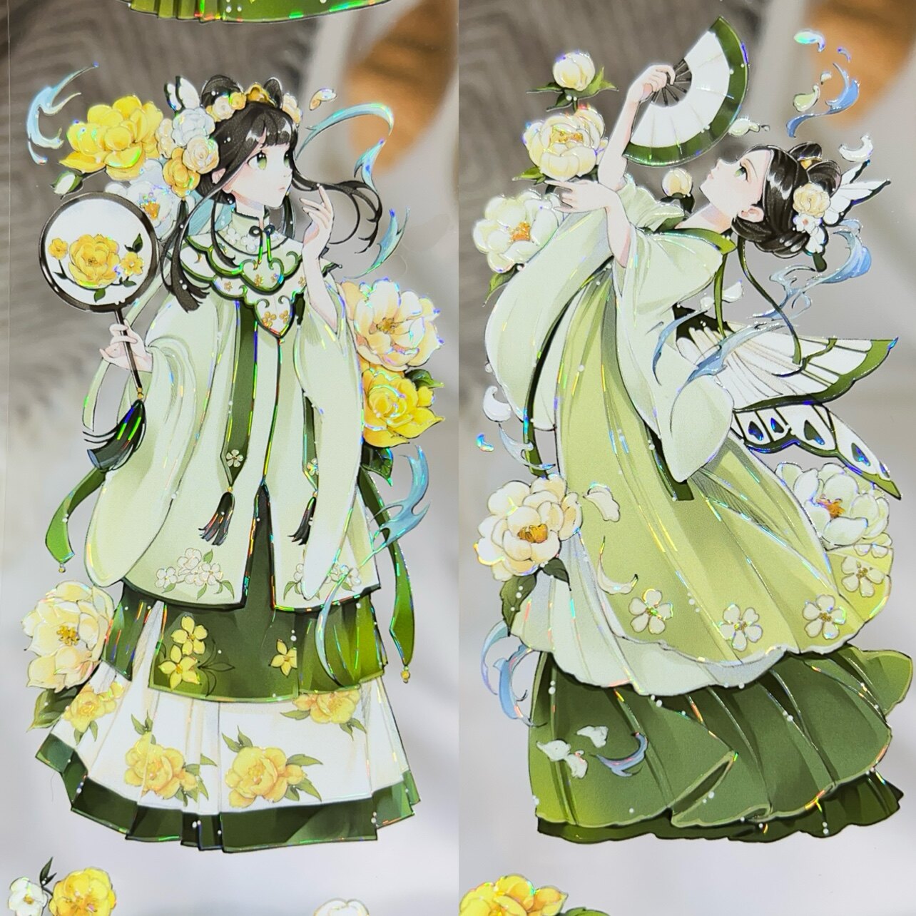 李富贵分装手账胶带中华春神人物女古风绿系流麻咕卡贴纸