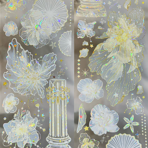 Mood分装胶带织轻纱星乍瀑布透明白花蓝系星星点缀流麻咕卡手账