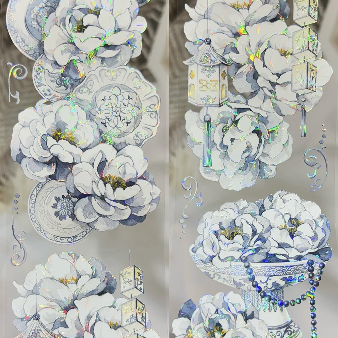 世安分装手账胶带青瓷牡丹花香盈窗贰落燕飞花幽兰菊古风背景