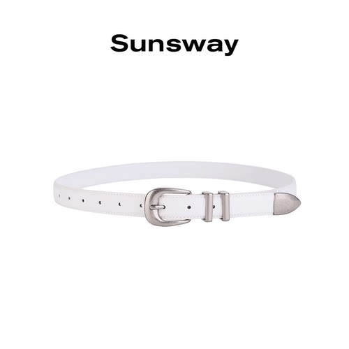 sunsway复古牛皮针扣女腰带白色
