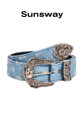 SUNSWAY原创磨破牛仔布腰带男女生雕花扣头y2k小众设计潮流皮带
