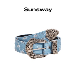 SUNSWAY原创磨破牛仔布腰带男女生雕花扣头y2k小众设计潮流皮带