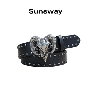 SUNSWAY朋克铆钉y2k骷髅羊头男女黑色erd暗黑皮带个性 百搭腰带