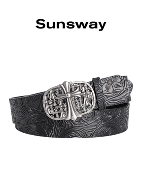 SUNSWAY复古风雕花金属针扣腰带男女通用2025年冬季百搭重工皮带